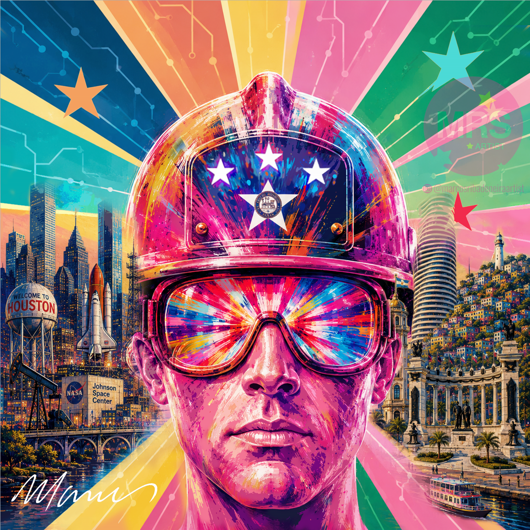 Entre Puertos y Estrellas · Between Ports and Stars · Marcos Ribadeneira · Houston Guayaquil · Neopop Art · Fine Art Print 2026 · HGSCA · Connected Cities